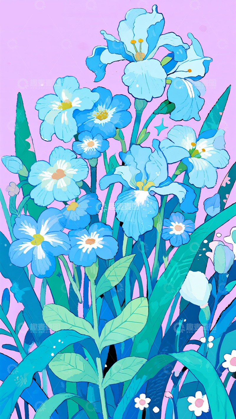 高清大图下载【趣麦麦图】粉蓝梦境：多种蓝花的插画盛宴