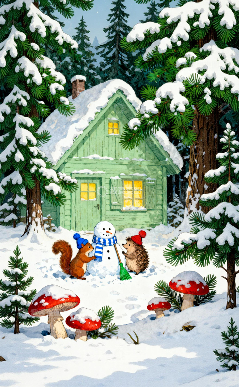 高清大图下载【趣麦麦图】冬日森林雪景插画2