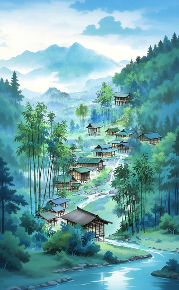 山水村落风景插画