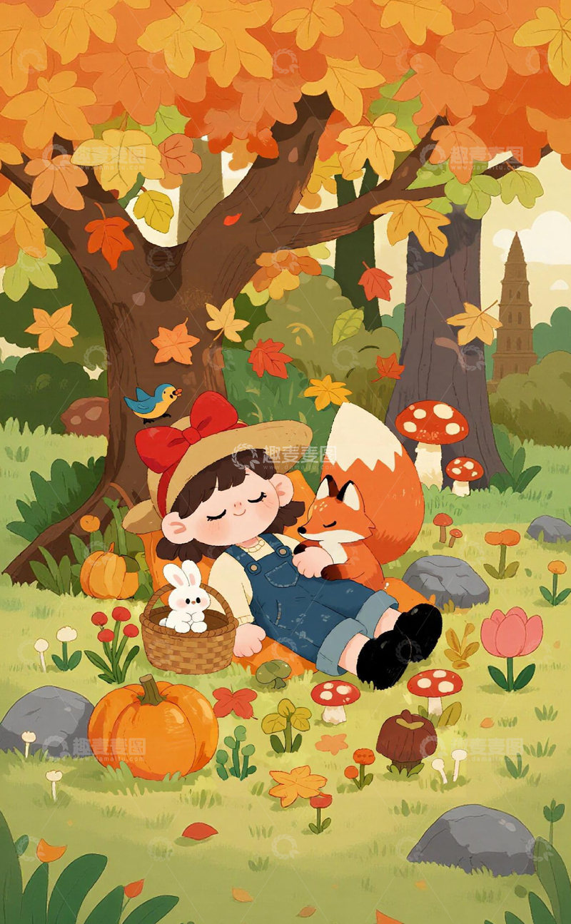 高清大图下载【趣麦麦图】秋日森林童趣插画