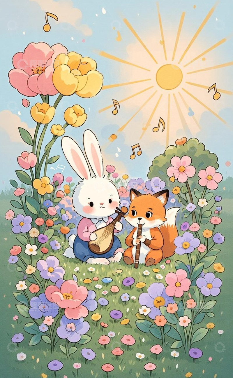 高清大图下载【趣麦麦图】卡通动物花园音乐插画