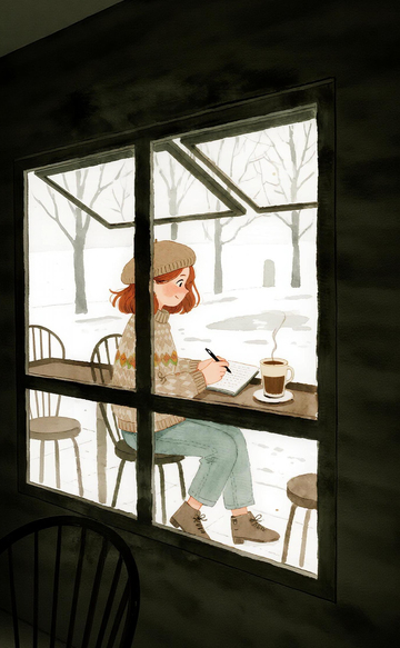 冬日窗边写作少女插画