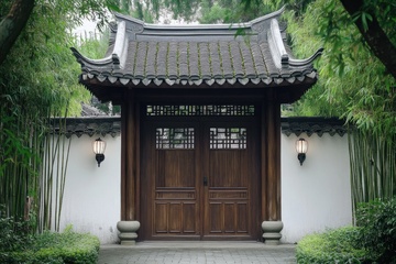 竹林里的木头大门