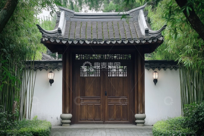 高清大图下载【趣麦麦图】竹林里的木头大门