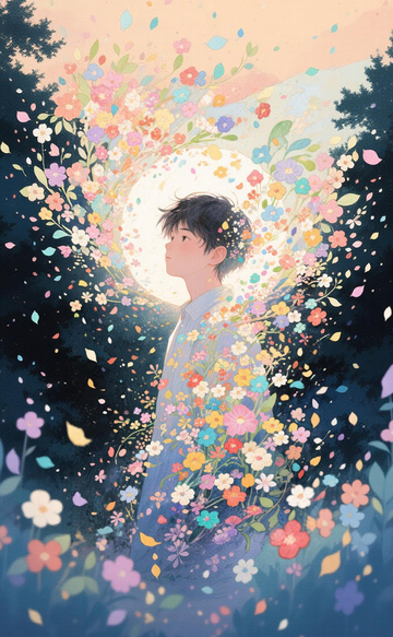 梦幻花海少年插画