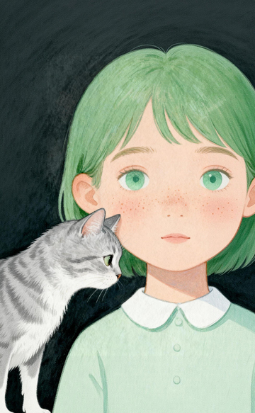 绿发少女与灰猫插画