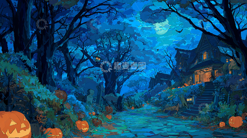 高清大图下载【趣麦麦图】恐怖万圣节夜晚的鬼屋景观