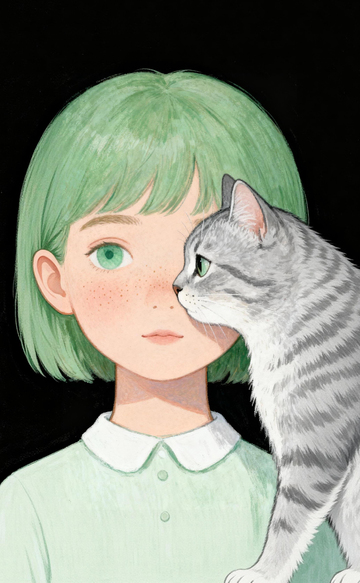 动漫风格少女与猫插画