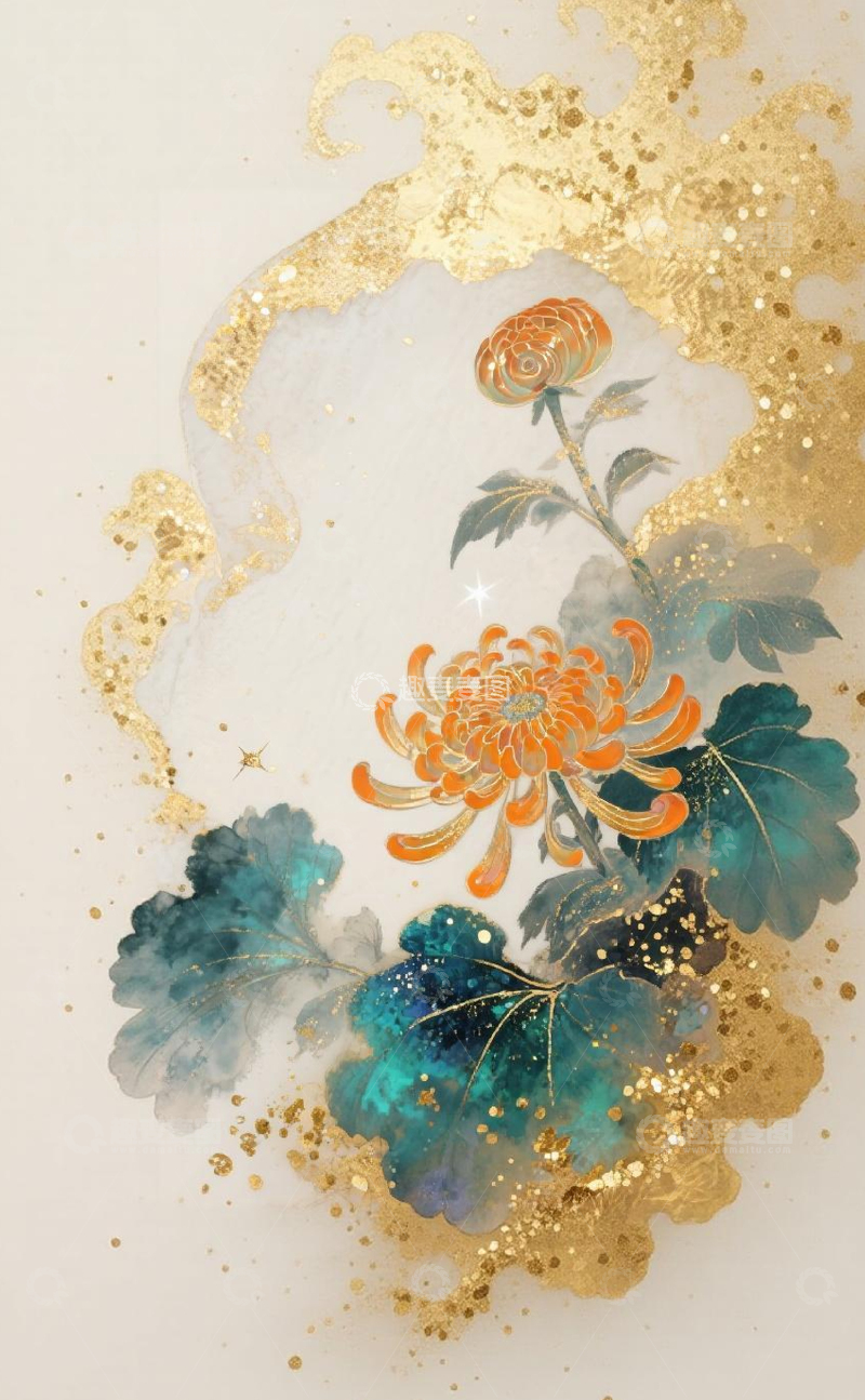 高清大图下载【趣麦麦图】金色菊花水墨艺术装饰画