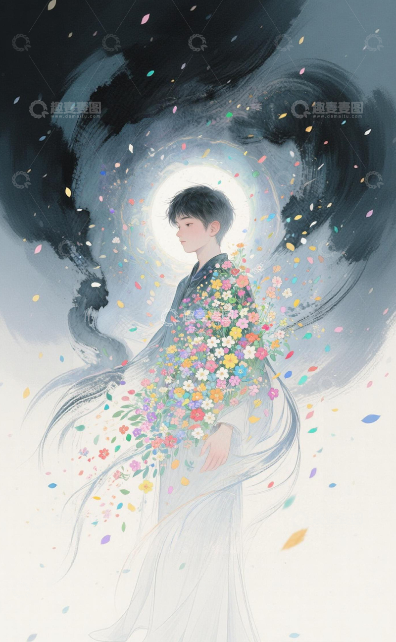 高清大图下载【趣麦麦图】梦幻花海少年插画22