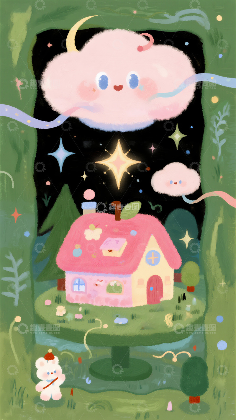 高清大图下载【趣麦麦图】梦幻插画：夜空中的云朵与苹果屋