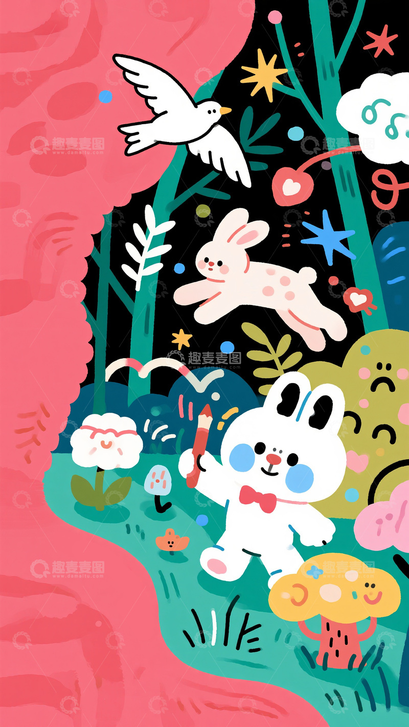 高清大图下载【趣麦麦图】童趣插画：森林里的兔子与小鸟