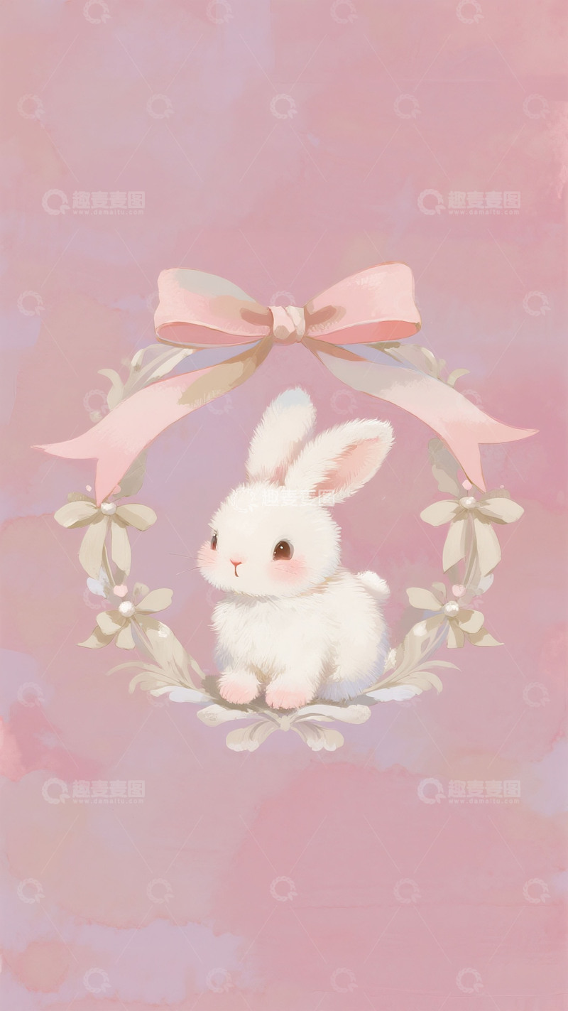 高清大图下载【趣麦麦图】梦幻插画：粉底花环里的白兔