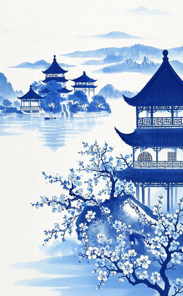 青花瓷风格山水亭阁图