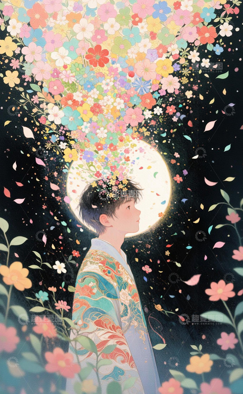 高清大图下载【趣麦麦图】和服少年花月夜