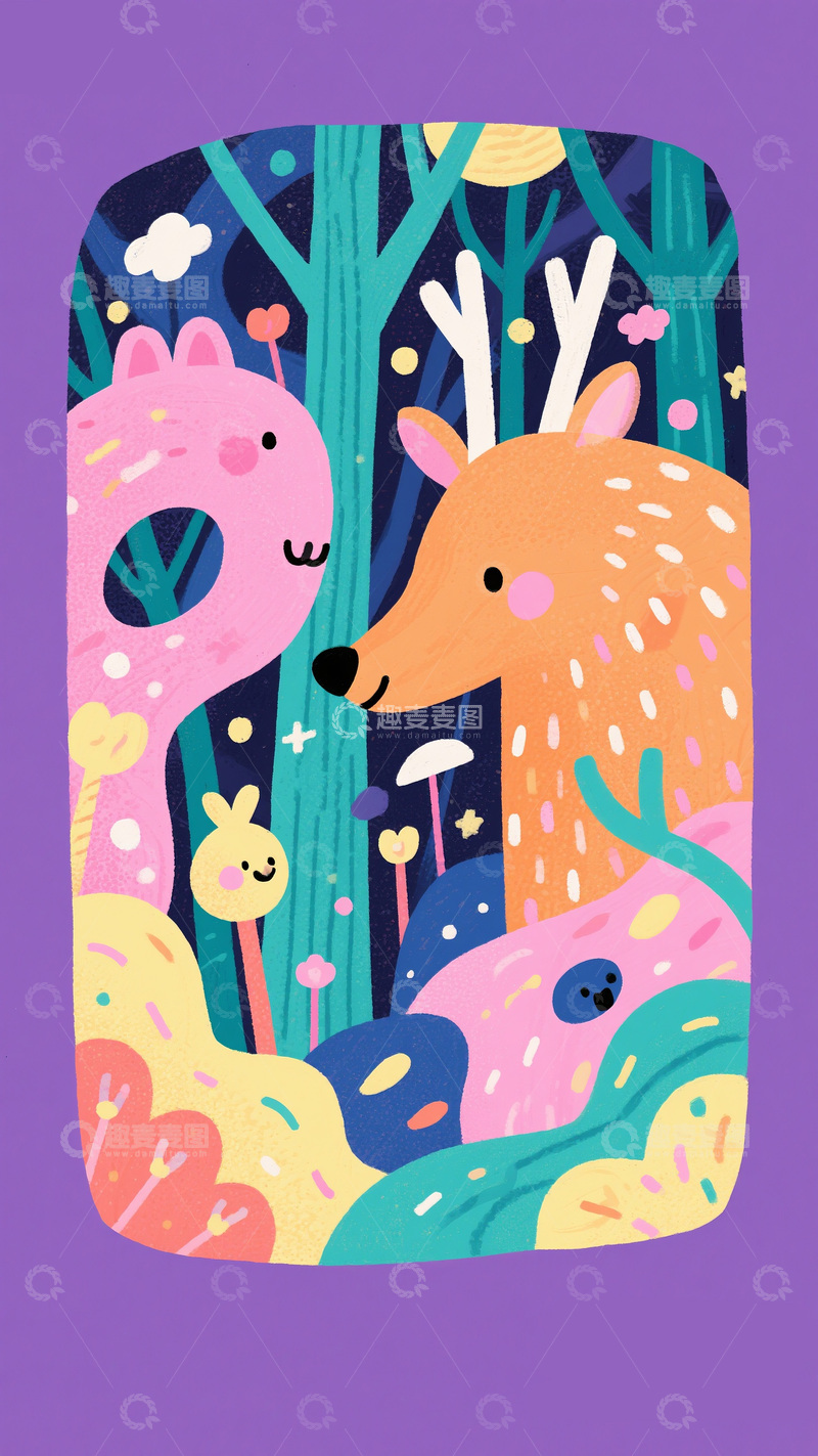 高清大图下载【趣麦麦图】梦幻插画：紫底森林里的鹿与萌物