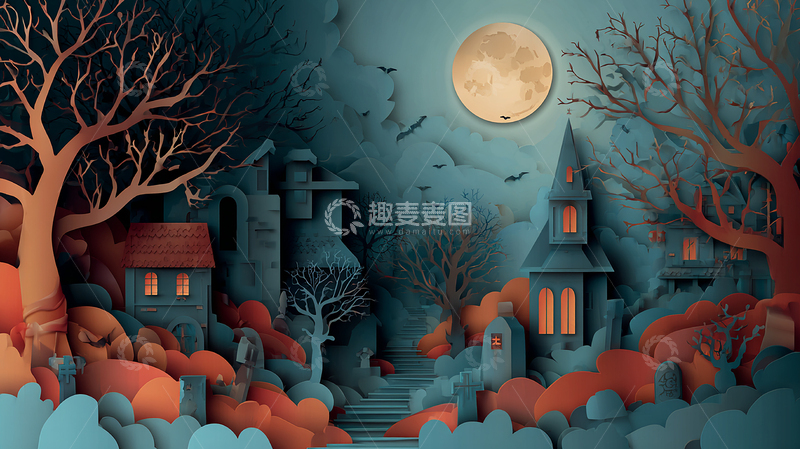 高清大图下载【趣麦麦图】恐怖鬼屋夜景画面