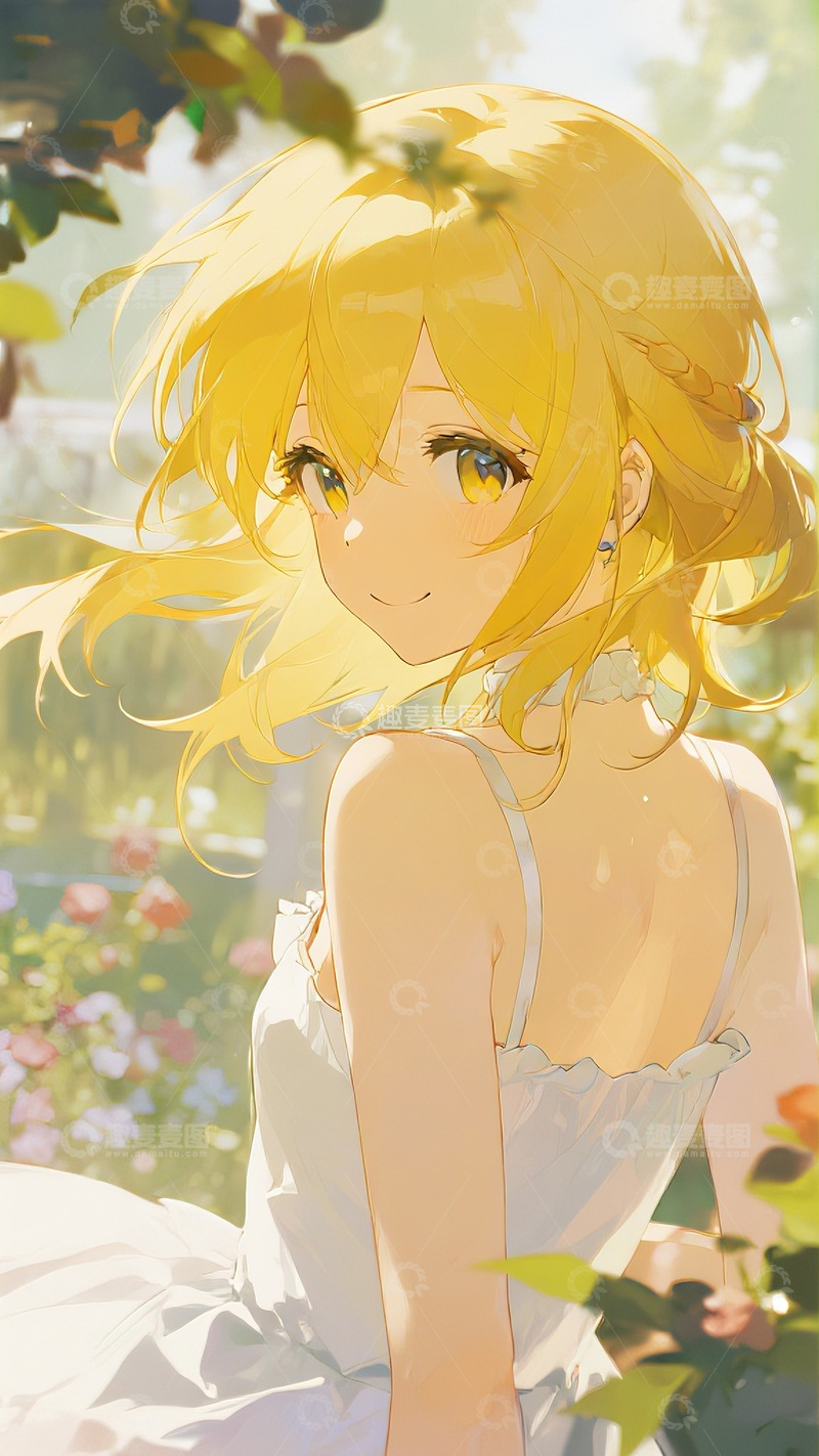 高清大图下载【趣麦麦图】动漫插画：蓝底双马尾金发女孩