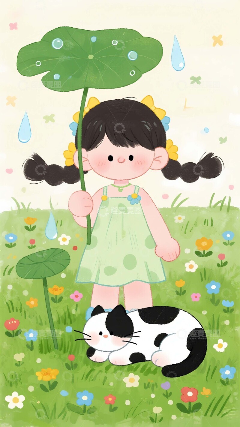 高清大图下载【趣麦麦图】童趣插画：荷叶下的女孩与奶牛猫