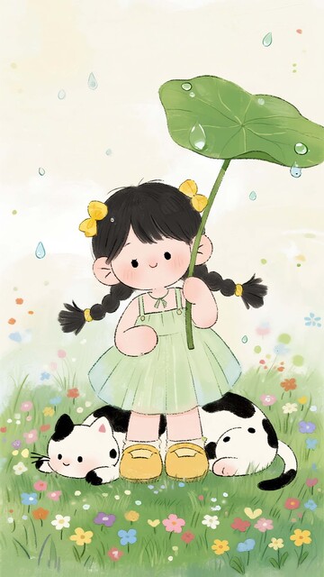 清新插画：雨中荷叶女孩与萌宠