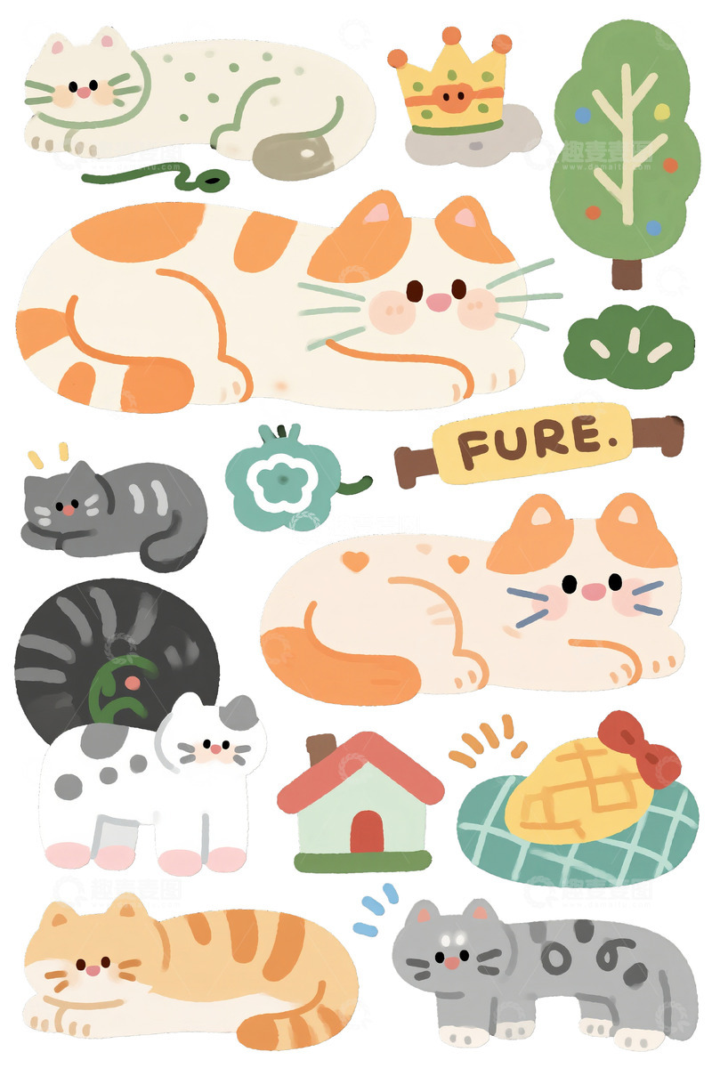 高清大图下载【趣麦麦图】插画贴纸：多只萌猫与可爱元素