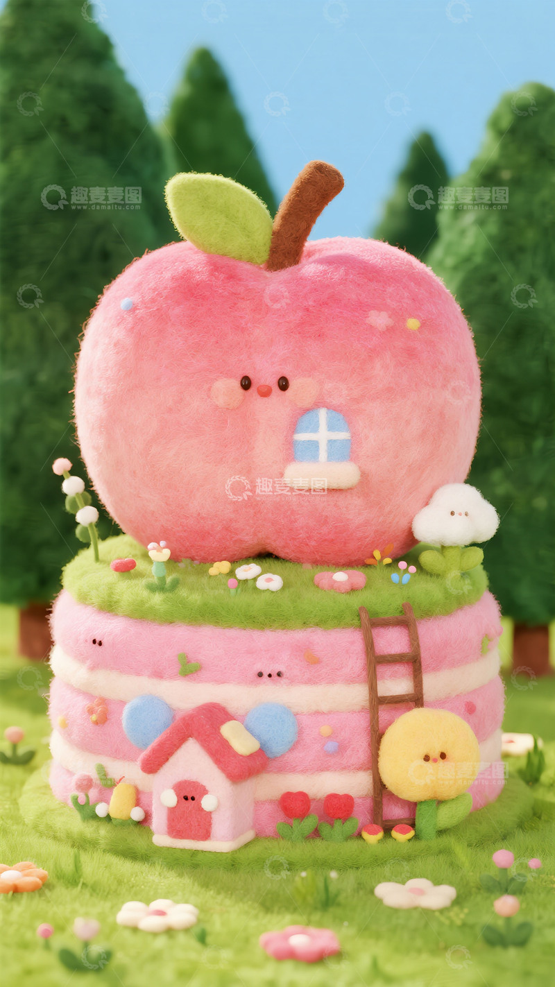 高清大图下载【趣麦麦图】萌趣羊毛毡：粉色苹果屋的童话世界