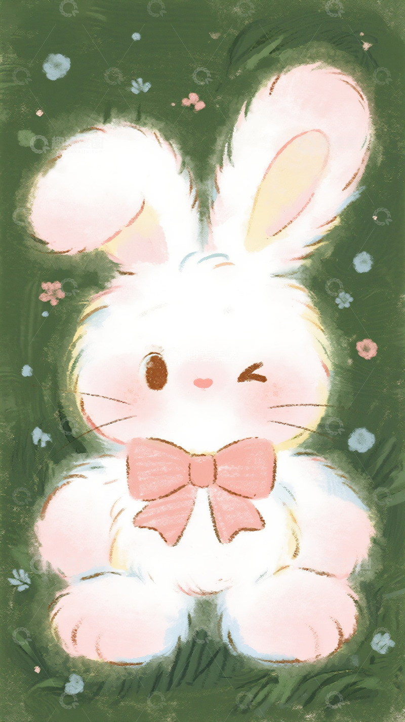 高清大图下载【趣麦麦图】童趣插画：绿底 wink 白兔与蝴蝶结