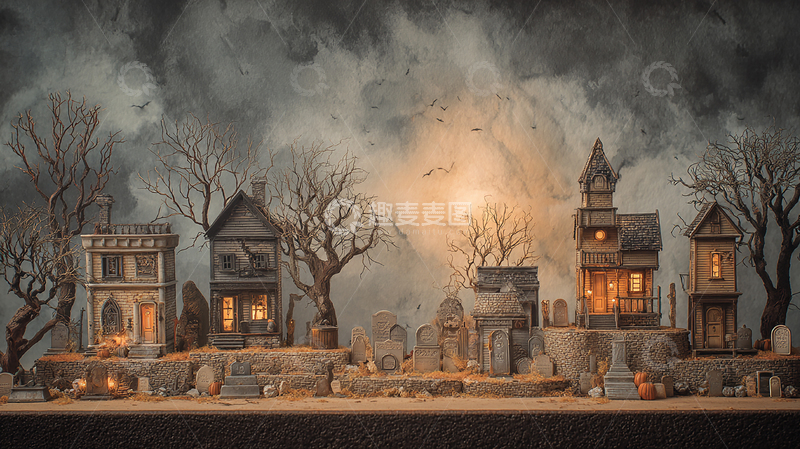 高清大图下载【趣麦麦图】恐怖墓地鬼屋夜景