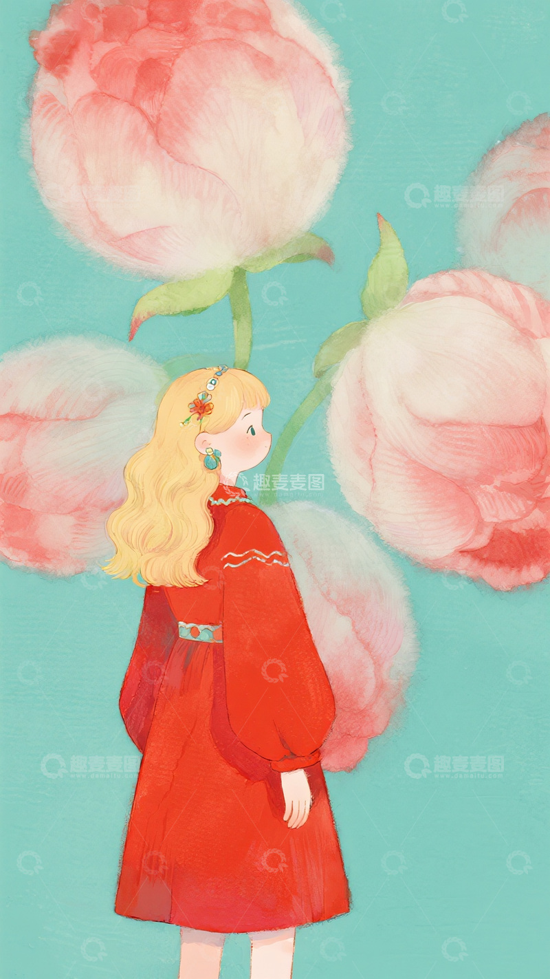 高清大图下载【趣麦麦图】唯美插画：蓝底红花旁的红发女孩1