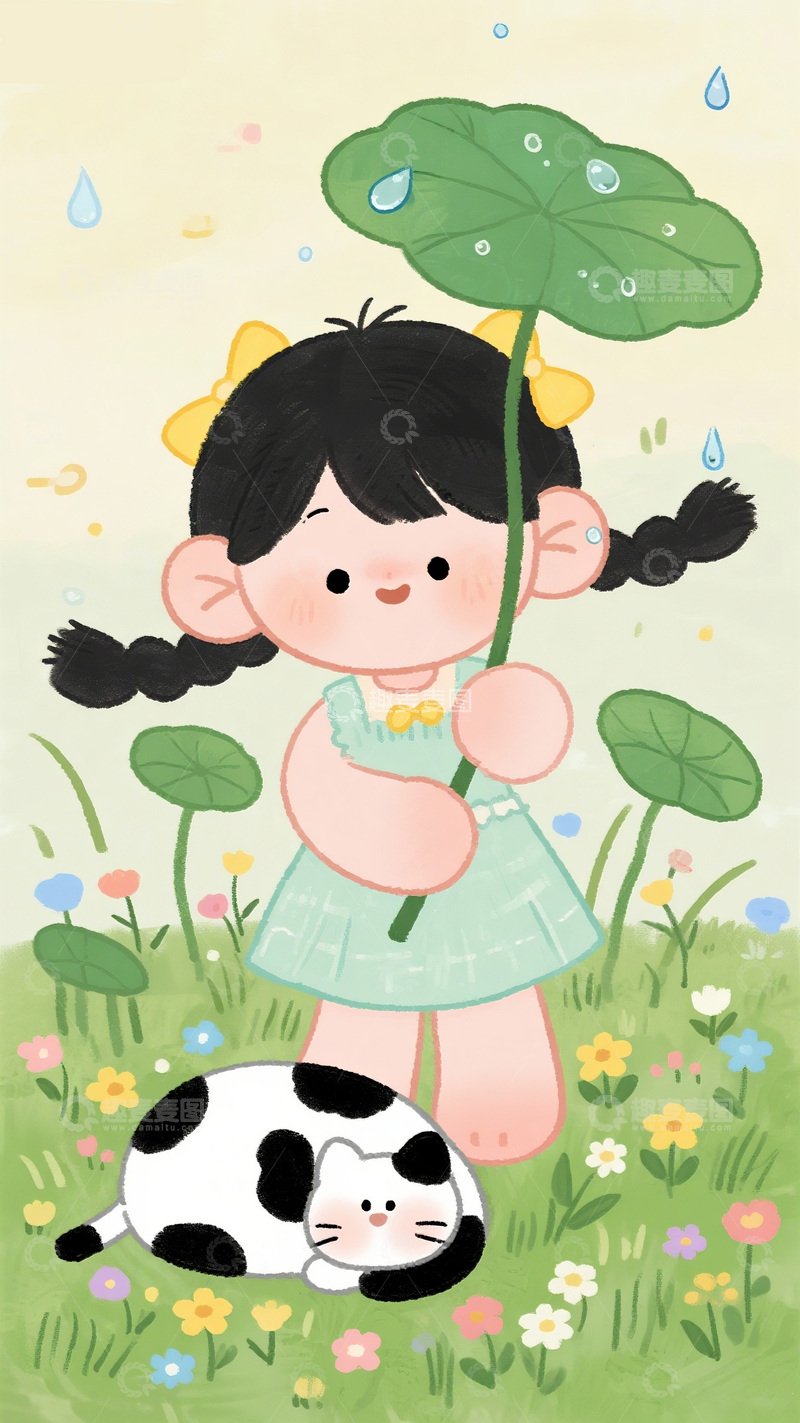 高清大图下载【趣麦麦图】萌趣插画：荷叶伞下的女孩与猫咪