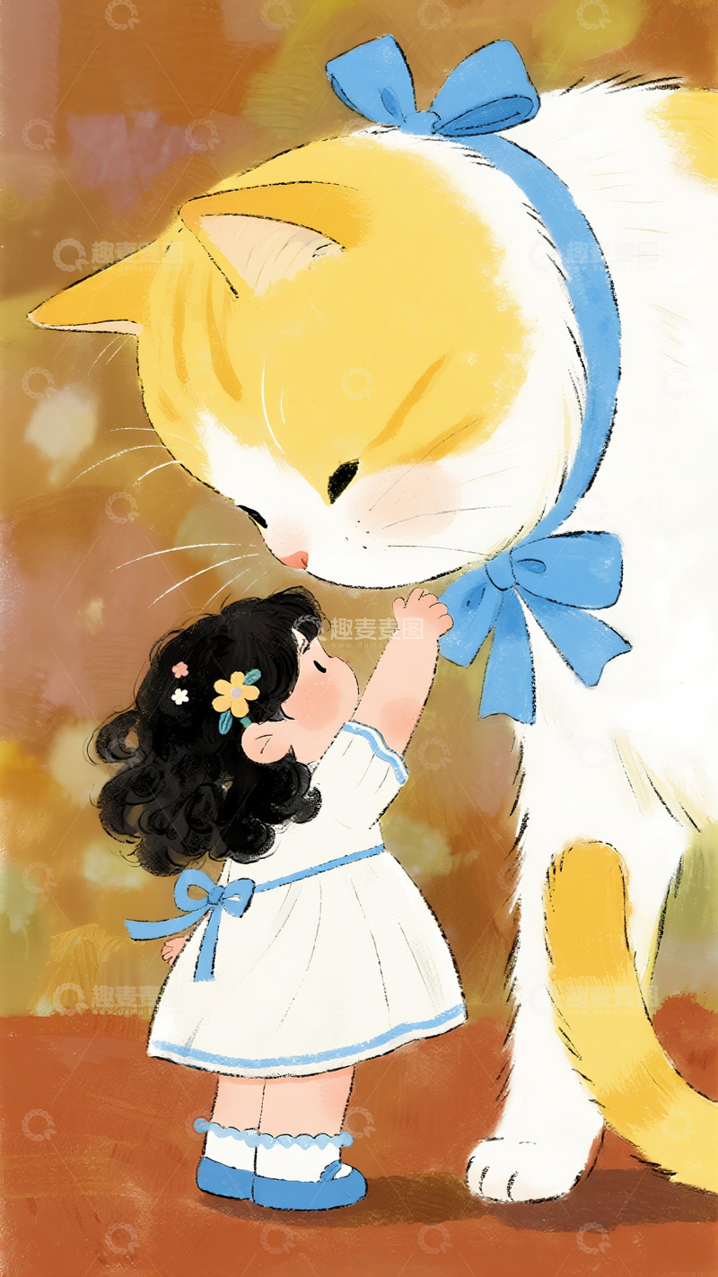 高清大图下载【趣麦麦图】童趣插画：女孩与巨型黄白猫的互动