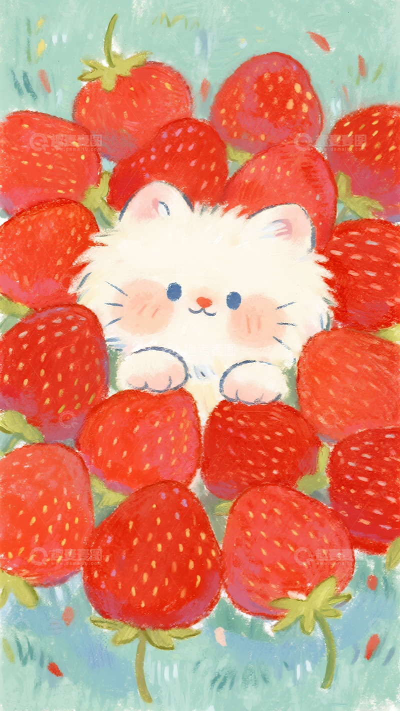 高清大图下载【趣麦麦图】萌趣插画：草莓堆里的小白猫