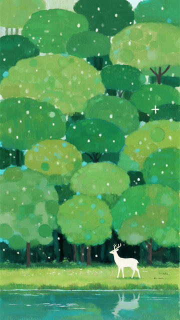 清新插画：绿林湖畔的白鹿