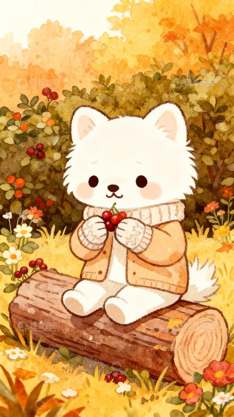 高清大图下载【趣麦麦图】秋日插画：木头上的持果白狐
