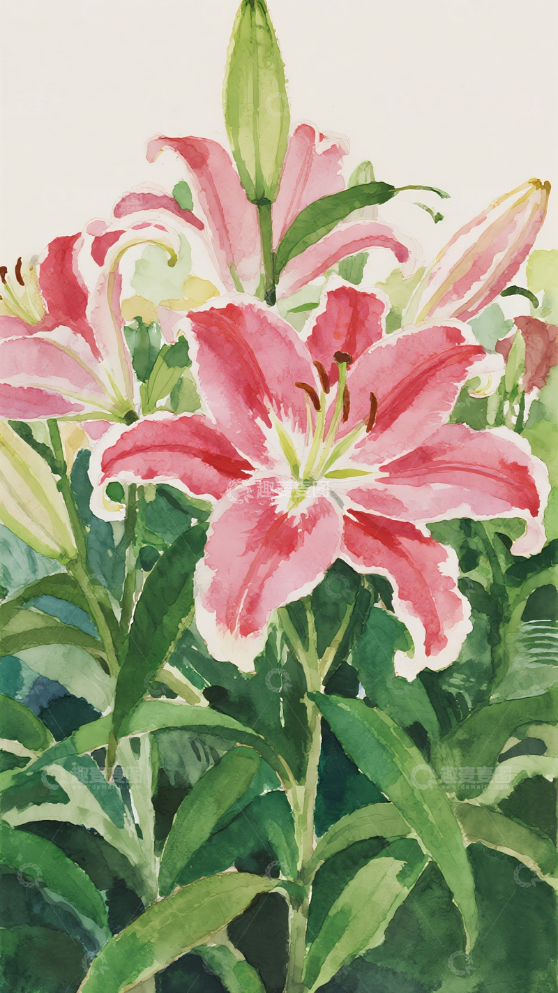 高清大图下载【趣麦麦图】水彩艺术：粉色百合花的特写