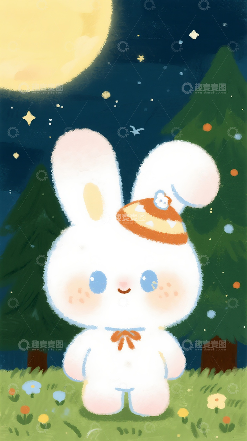 高清大图下载【趣麦麦图】童趣插画：月夜下的戴帽白兔