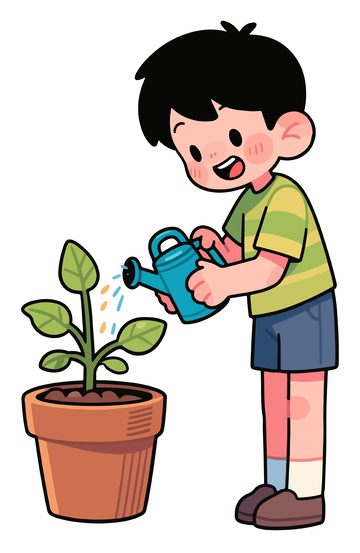 卡通男孩浇花插画