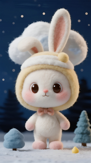 毛绒艺术：雪夜中的萌系兔玩偶