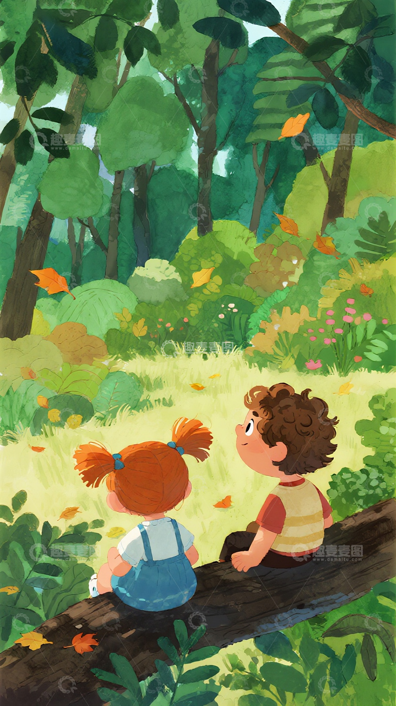 高清大图下载【趣麦麦图】童趣插画：森林里的两个孩童