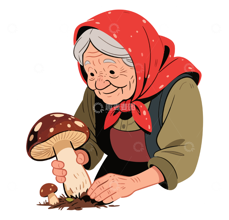 卡通风格老人采蘑菇插画素材