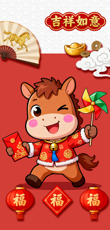 红色喜庆中国风国潮卡通小马马年海报3