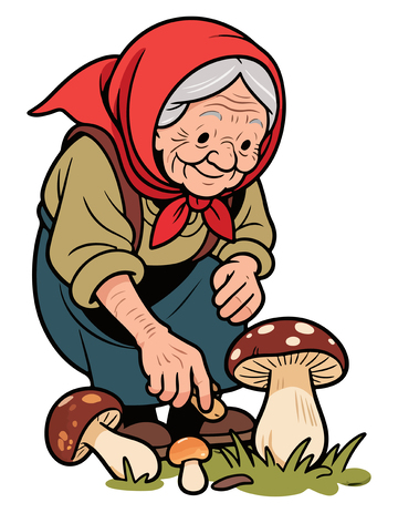 卡通老奶奶采蘑菇插画