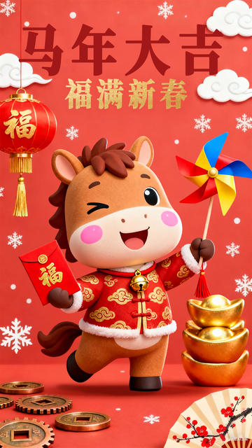 红色喜庆中国风国潮卡通小马马年海报