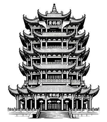 黑白线描黄鹤楼建筑矢量图