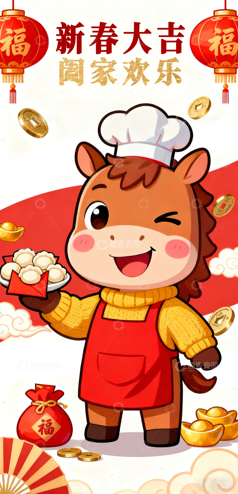 源文件下载【趣麦麦图】红色喜庆中国风国潮卡通小马马年海报6