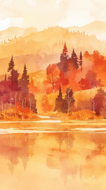 手绘红色的枫树林美景