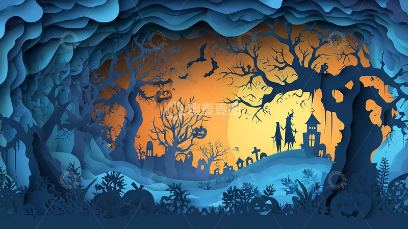 高清大图下载【趣麦麦图】阴森恐怖的万圣节森林夜景