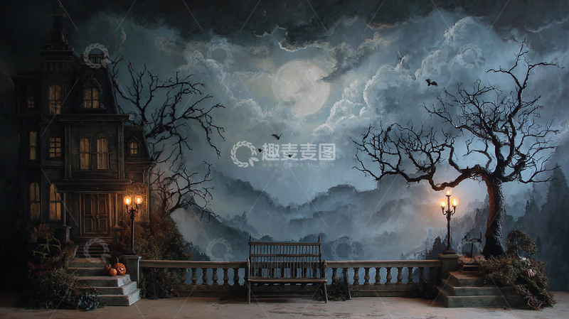 高清大图下载【趣麦麦图】神秘阴森的月夜古堡场景