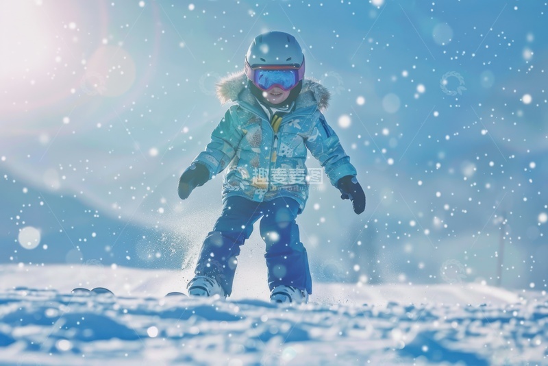 高清大图下载【趣麦麦图】雪地上滑雪的可爱小孩