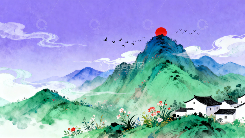 高清大图下载【趣麦麦图】-水墨风山水田园山居风景插画素材